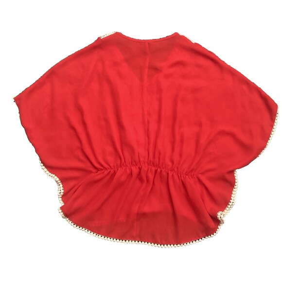 Forever 21 Poncho Top MEDIUM Crochet Pom Pom Dolman Boho Festival Resort - Picture 2 of 8